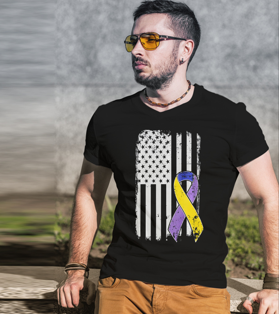 Bladder Cancer Awareness Distressed American Flag Purple Gold T-Shirt