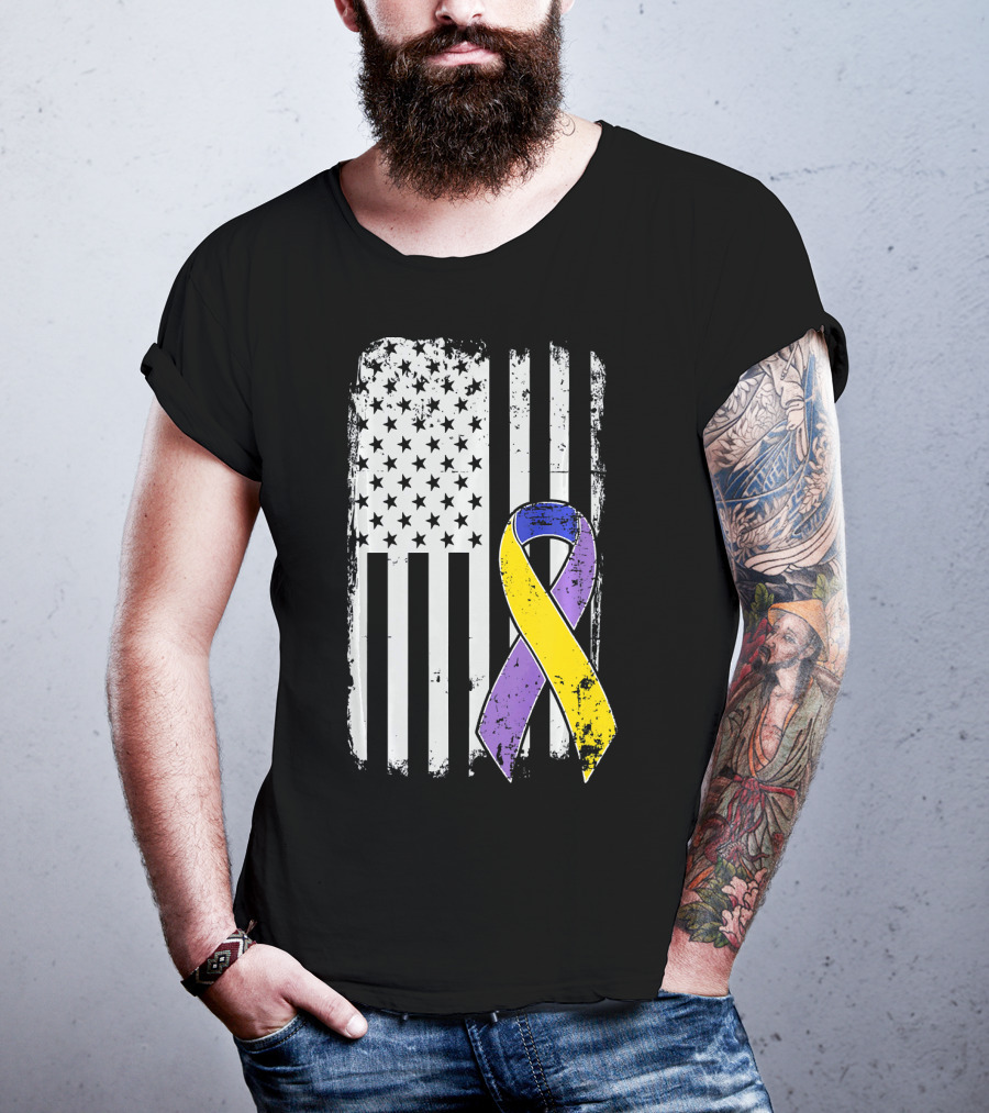 Bladder Cancer Awareness Distressed American Flag Purple Gold T-Shirt
