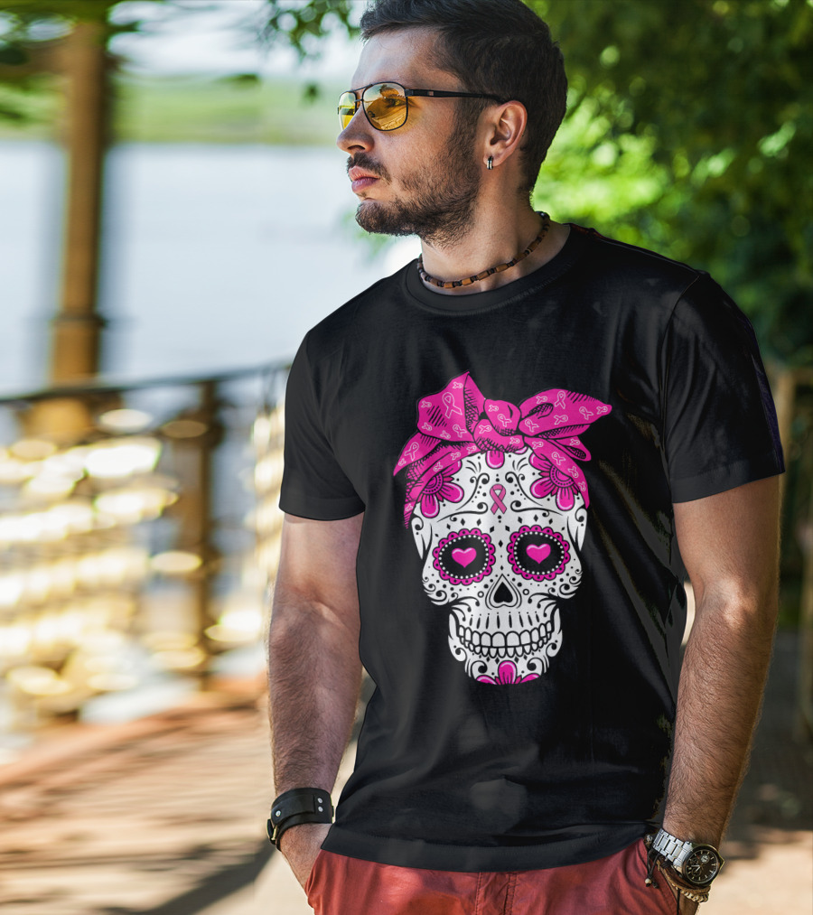 Sugar Skull With Pink Bow And Breast Cancer T-Shirt