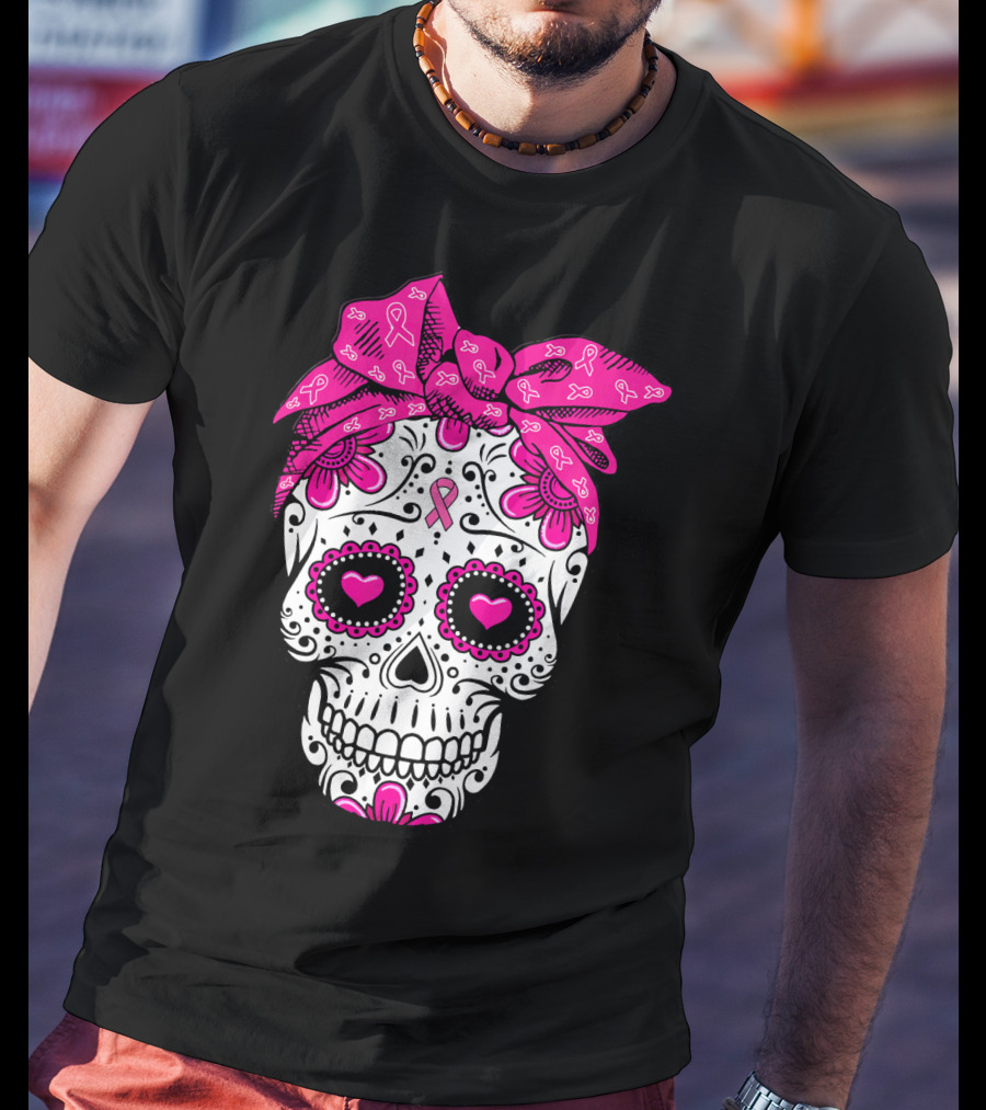 Sugar Skull With Pink Bow And Breast Cancer T-Shirt