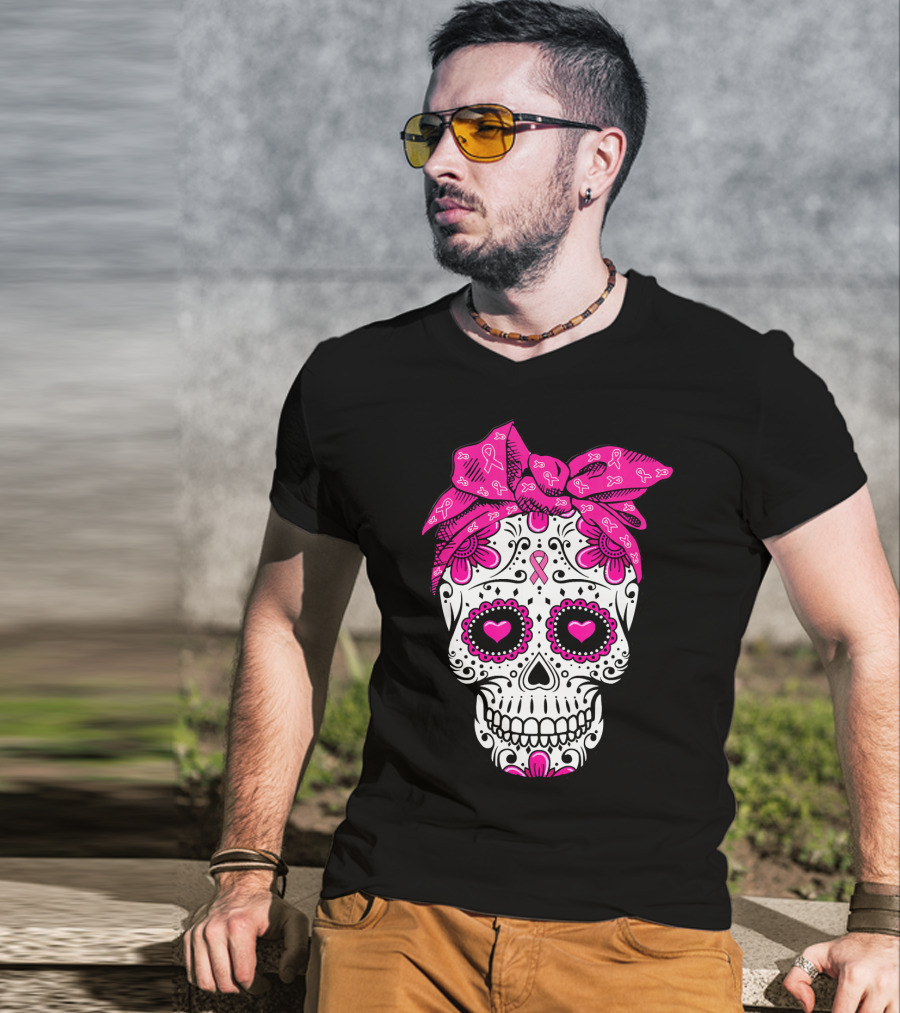 Sugar Skull With Pink Bow And Breast Cancer T-Shirt