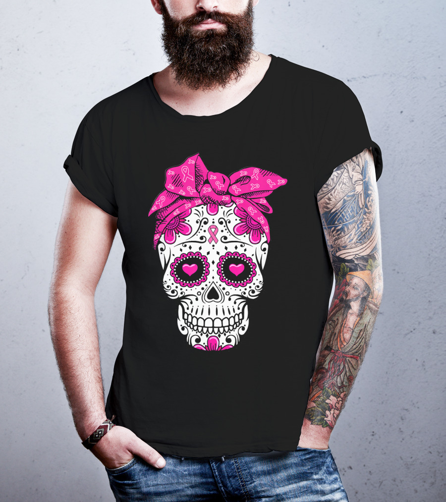 Sugar Skull With Pink Bow And Breast Cancer T-Shirt