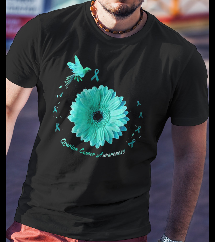 Teal Daisy Bird Ribbon Ovarian Cancer Awareness T-Shirt