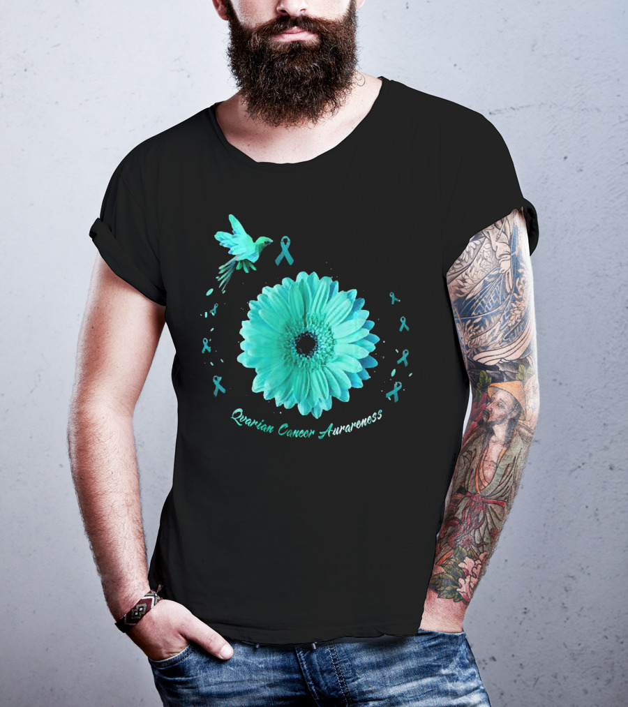 Teal Daisy Bird Ribbon Ovarian Cancer Awareness T-Shirt