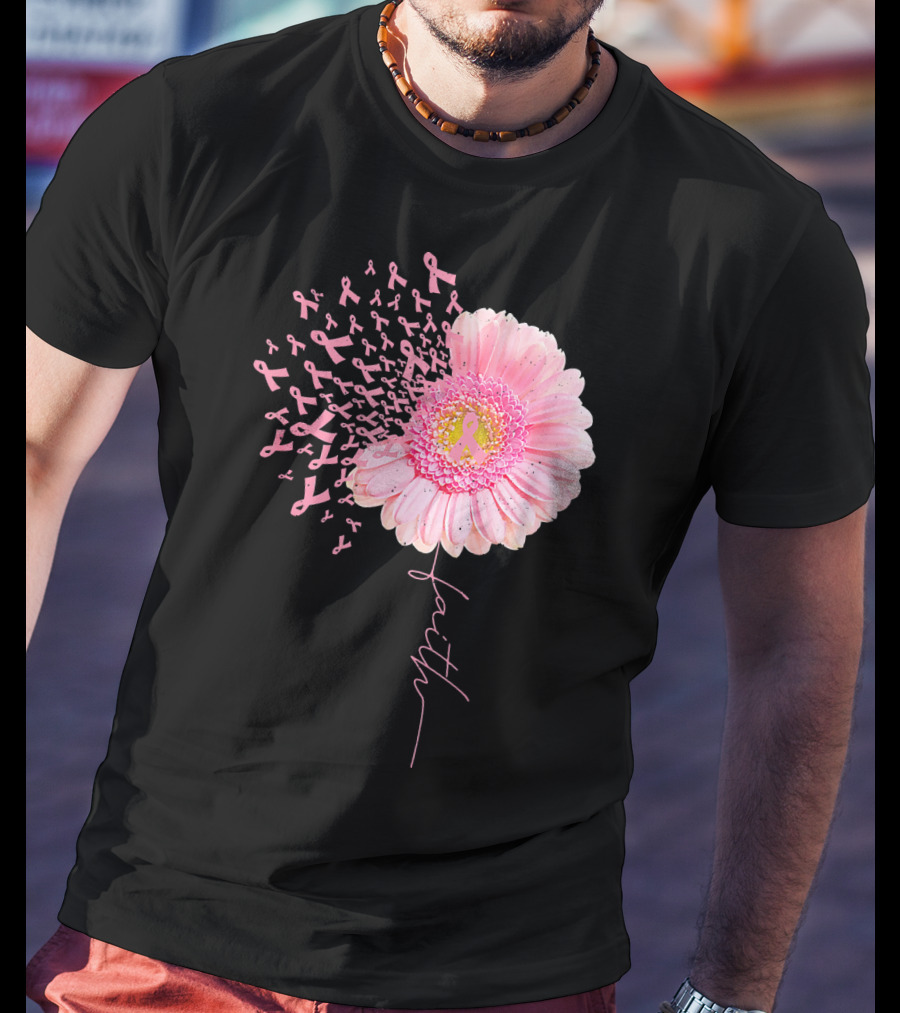 Faith Pink Ribbon Daisy Flower Breast Cancer Awareness T-Shirt