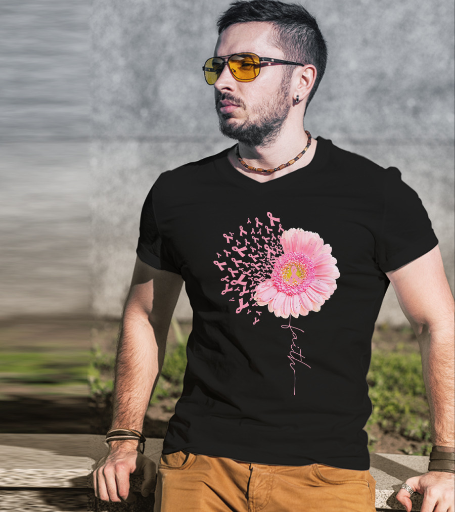 Faith Pink Ribbon Daisy Flower Breast Cancer Awareness T-Shirt