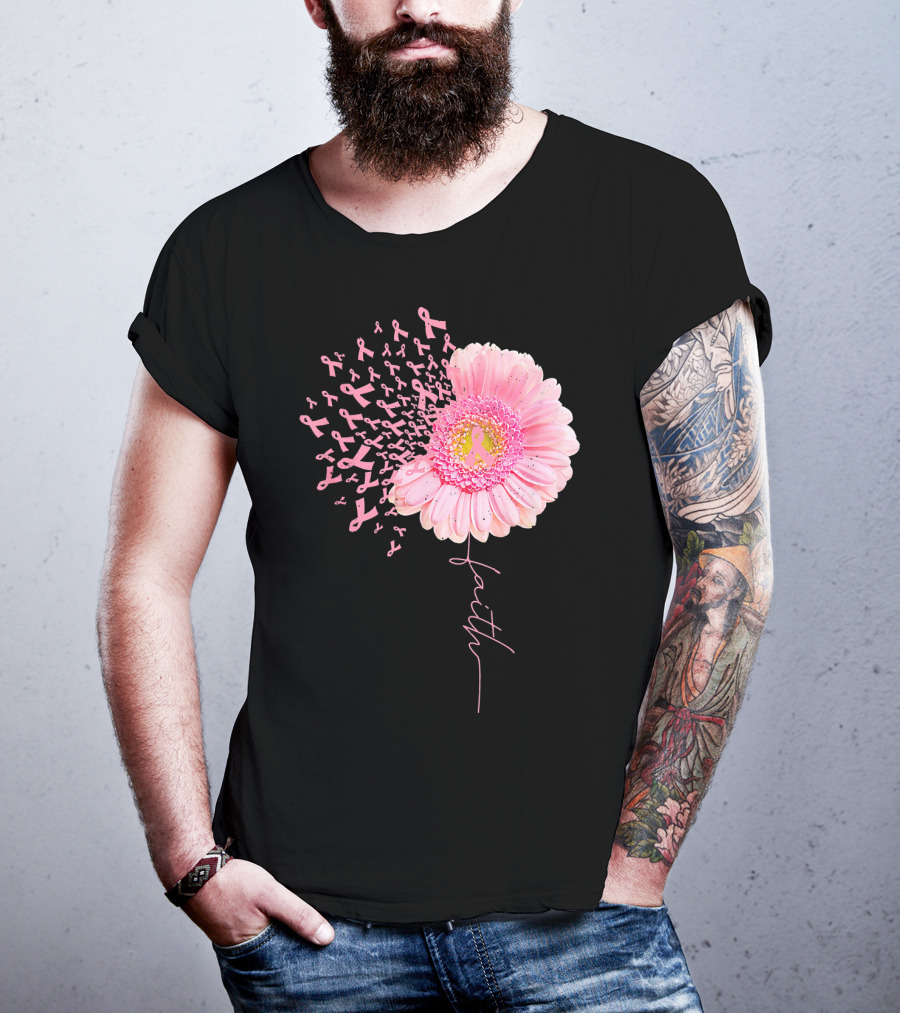 Faith Pink Ribbon Daisy Flower Breast Cancer Awareness T-Shirt