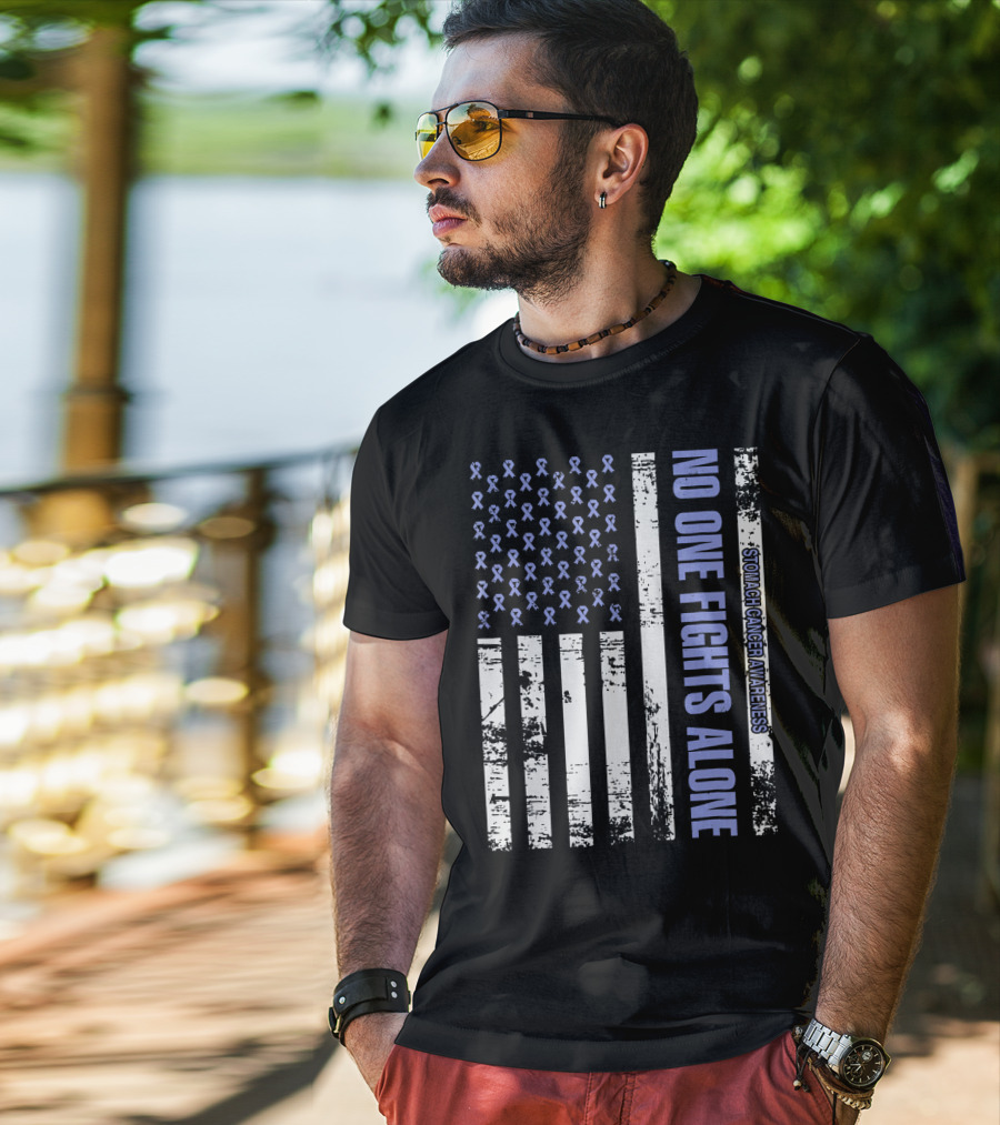 No One Fights Alone Stomach Cancer Awareness Flag With Ribbons T-Shirt