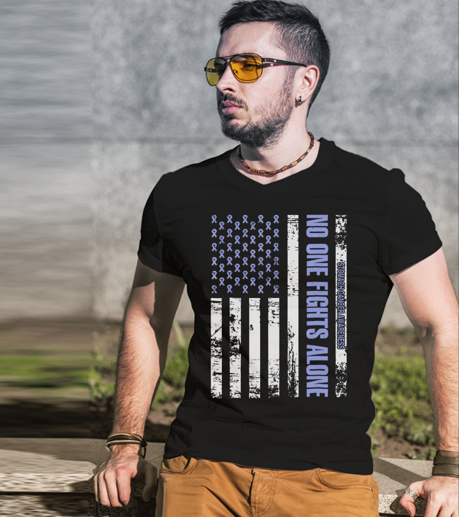 No One Fights Alone Stomach Cancer Awareness Flag With Ribbons T-Shirt