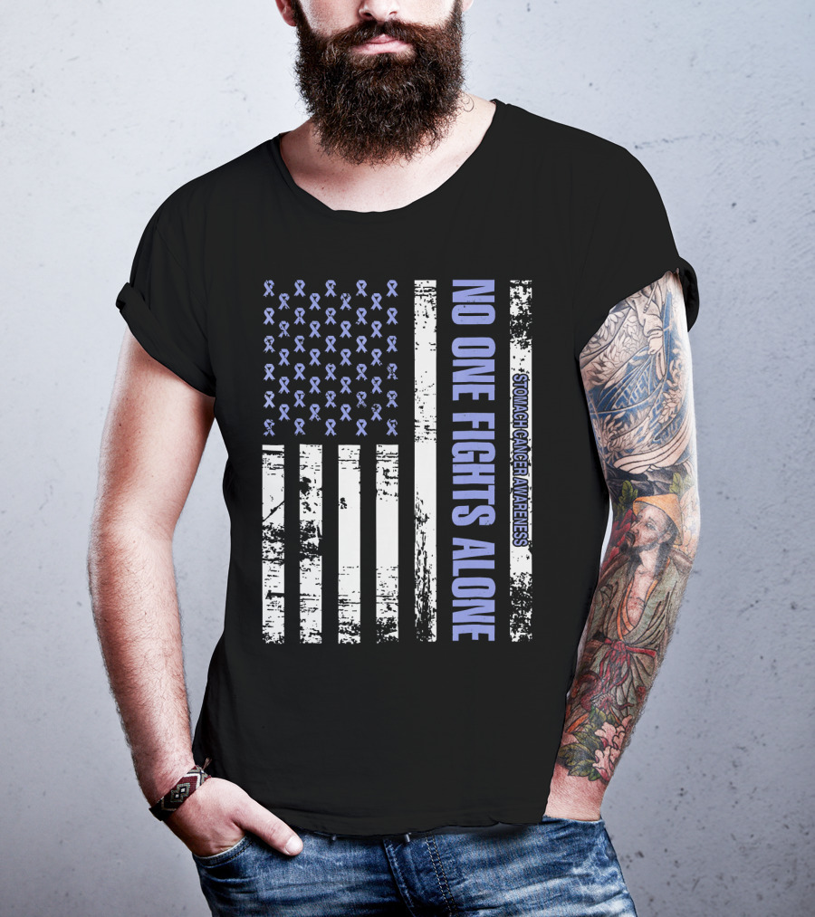 No One Fights Alone Stomach Cancer Awareness Flag With Ribbons T-Shirt