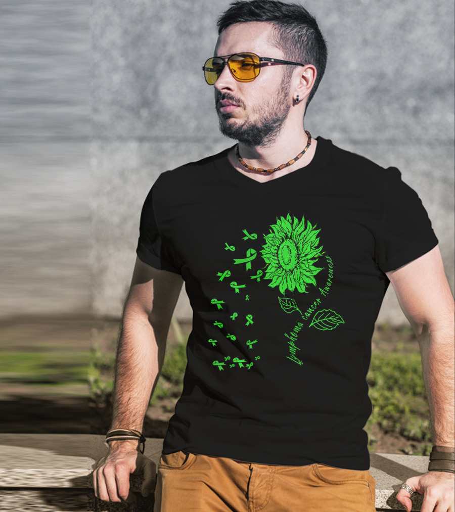 Lymphoma Cancer Awareness Sunflower Lime Green Ribbons T-Shirt
