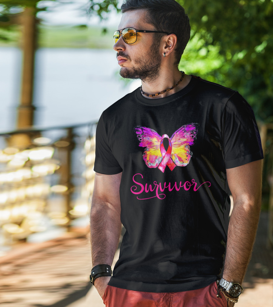 Survivor Butterfly Pink Ribbon Breast Cancer Awareness T-Shirt