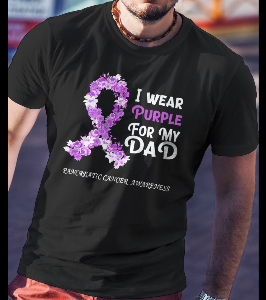 I Wear Purple For My Dad Pancreatic Cancer Awareness Flower T-Shirt