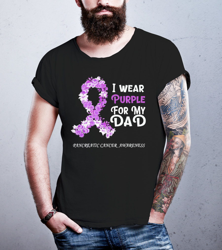 I Wear Purple For My Dad Pancreatic Cancer Awareness Flower T-Shirt