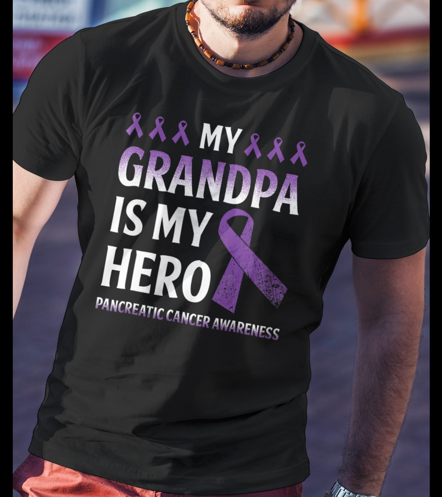 My Grandpa Is My Hero Pancreatic Cancer Awareness Purple Ribbons T-Shirt