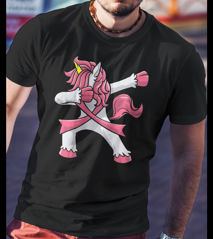 Pink Ribbon Dabbing Unicorn Breast Cancer Awareness T-Shirt