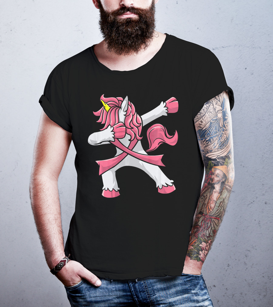 Pink Ribbon Dabbing Unicorn Breast Cancer Awareness T-Shirt