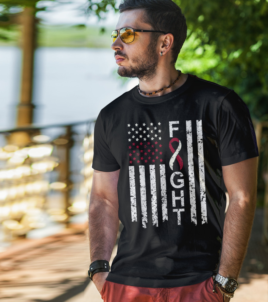 Head And Neck Cancer Awareness Fight Ribbon American Flag T-Shirt