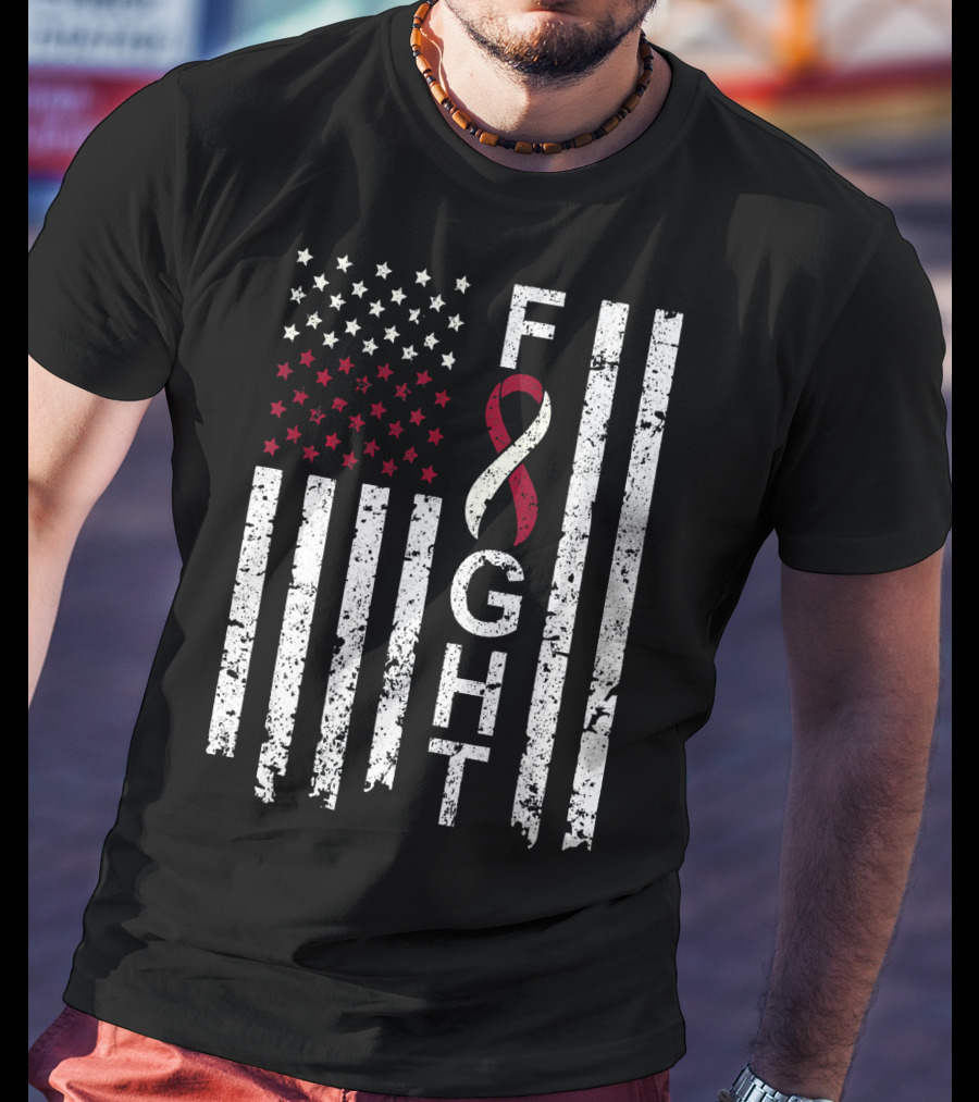 Head And Neck Cancer Awareness Fight Ribbon American Flag T-Shirt