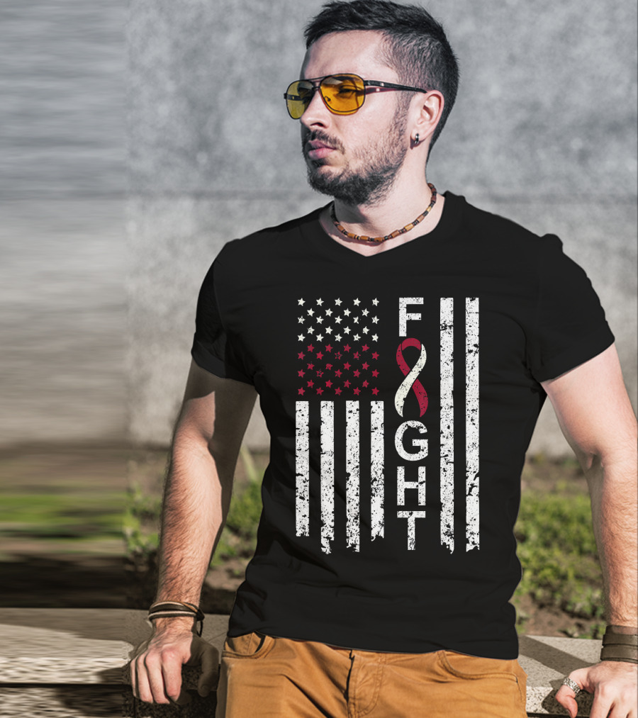 Head And Neck Cancer Awareness Fight Ribbon American Flag T-Shirt