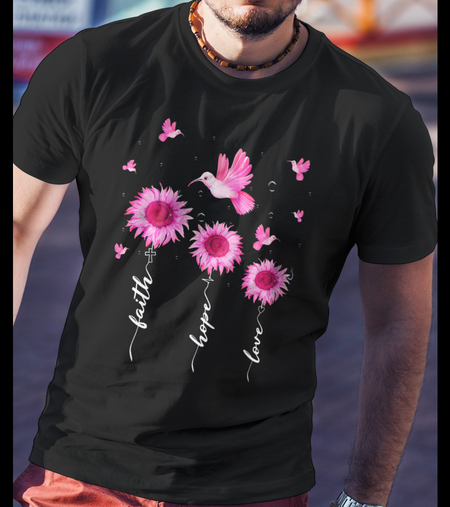 Hummingbird Daisy Faith Hope Love Pink Ribbon Breast Cancer Awareness T-Shirt