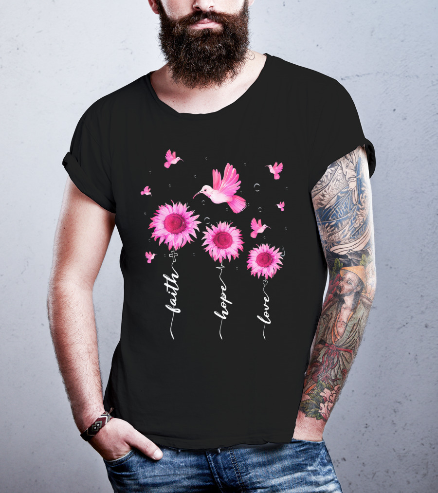 Hummingbird Daisy Faith Hope Love Pink Ribbon Breast Cancer Awareness T-Shirt