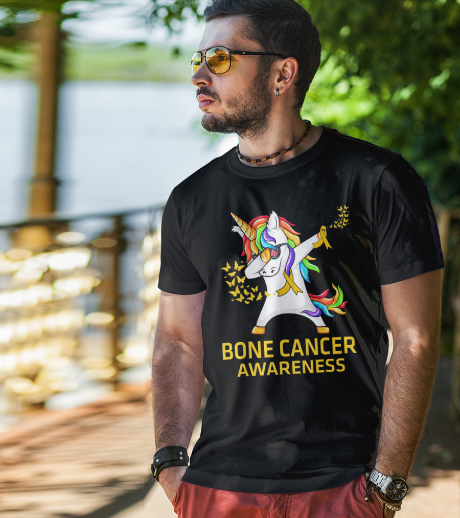 Bone Cancer Awareness Unicorn Dab With Yellow Ribbon Butterflies T-Shirt