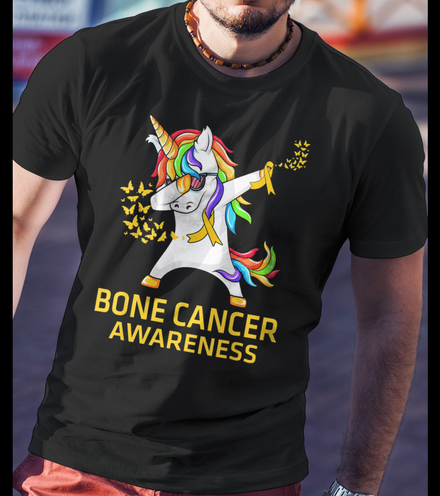 Bone Cancer Awareness Unicorn Dab With Yellow Ribbon Butterflies T-Shirt