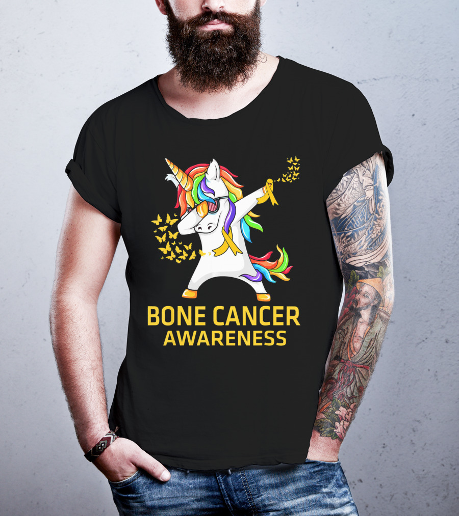 Bone Cancer Awareness Unicorn Dab With Yellow Ribbon Butterflies T-Shirt
