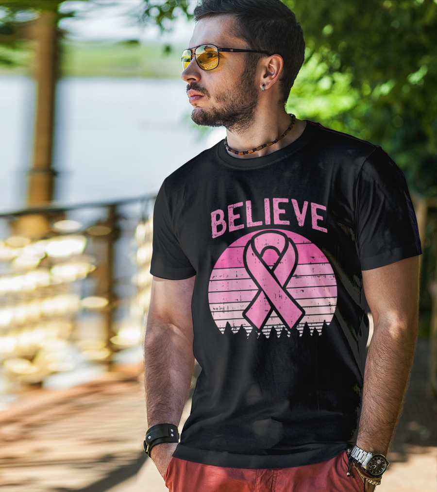 Believe Retro Sunset Pink Ribbon Breast Cancer Awareness T-Shirt