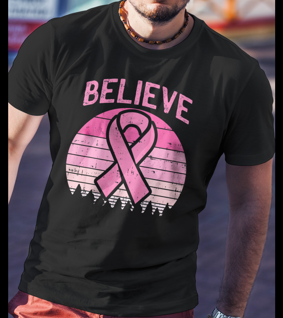Believe Retro Sunset Pink Ribbon Breast Cancer Awareness T-Shirt