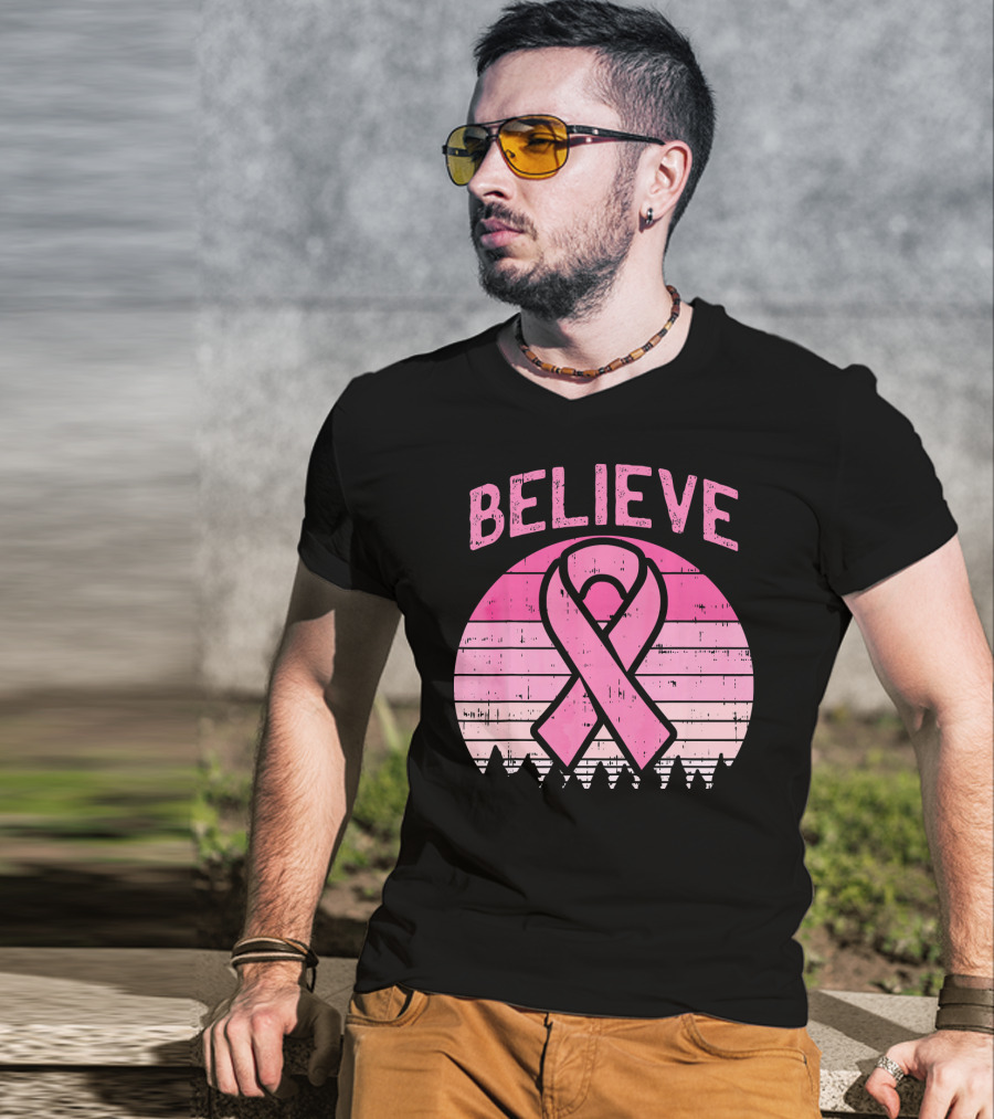 Believe Retro Sunset Pink Ribbon Breast Cancer Awareness T-Shirt