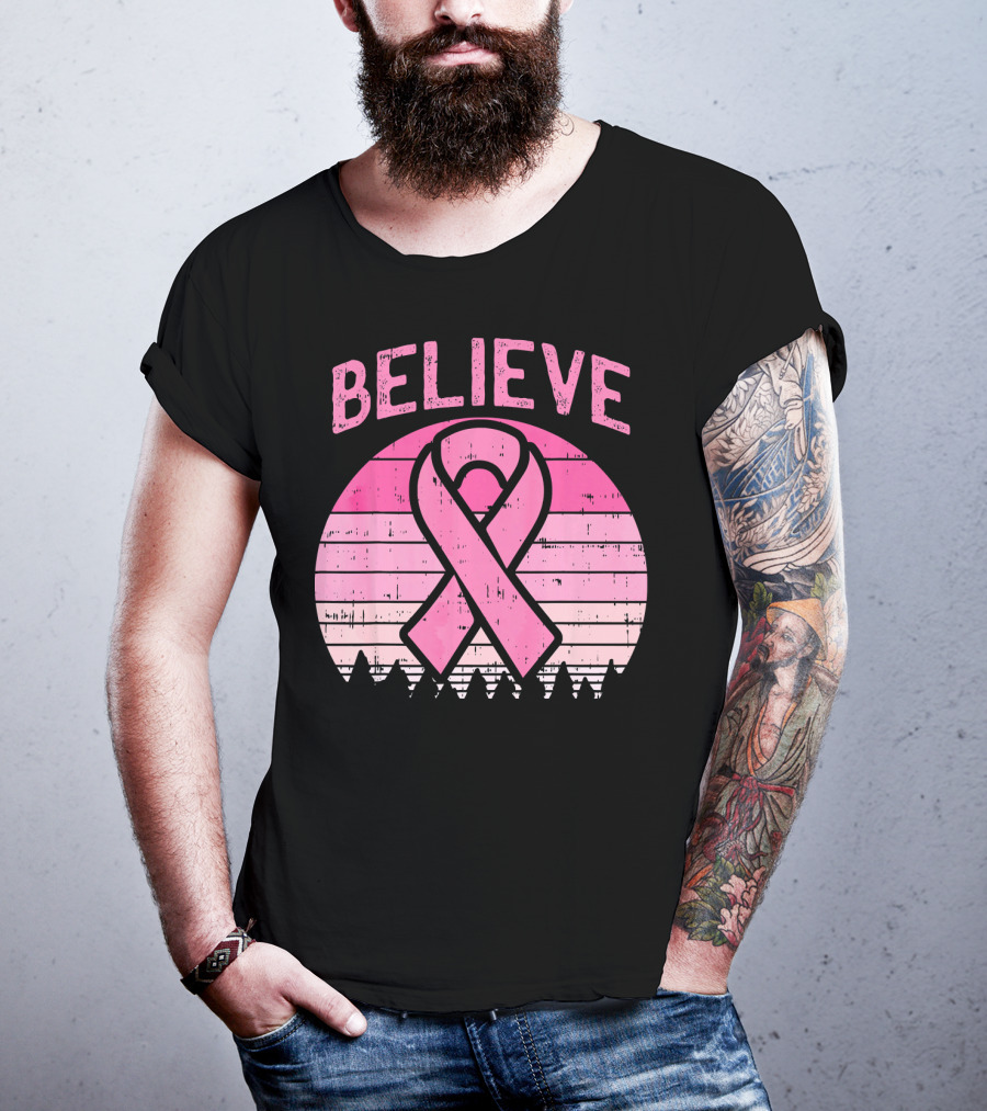 Believe Retro Sunset Pink Ribbon Breast Cancer Awareness T-Shirt
