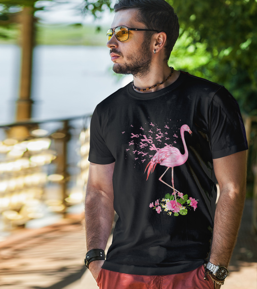 Flamingo With Pink Breast Cancer Ribbons And Floral Accents T-Shirt
