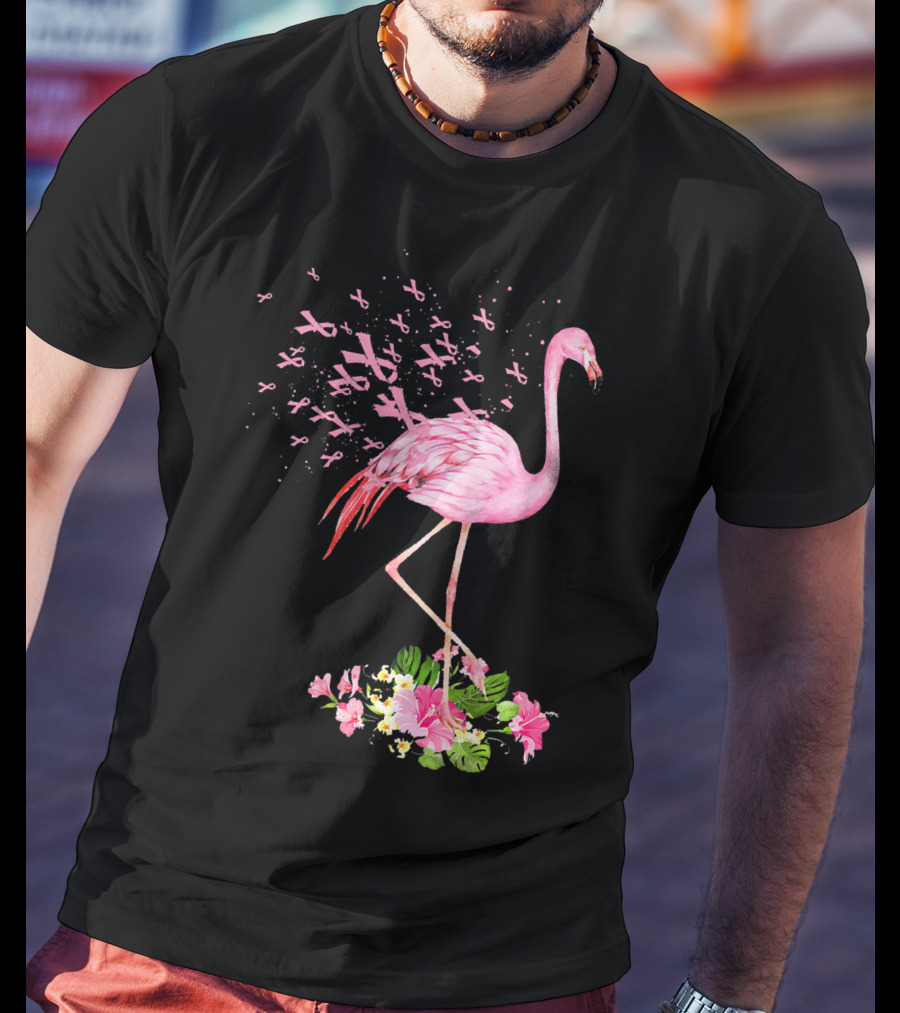 Flamingo With Pink Breast Cancer Ribbons And Floral Accents T-Shirt