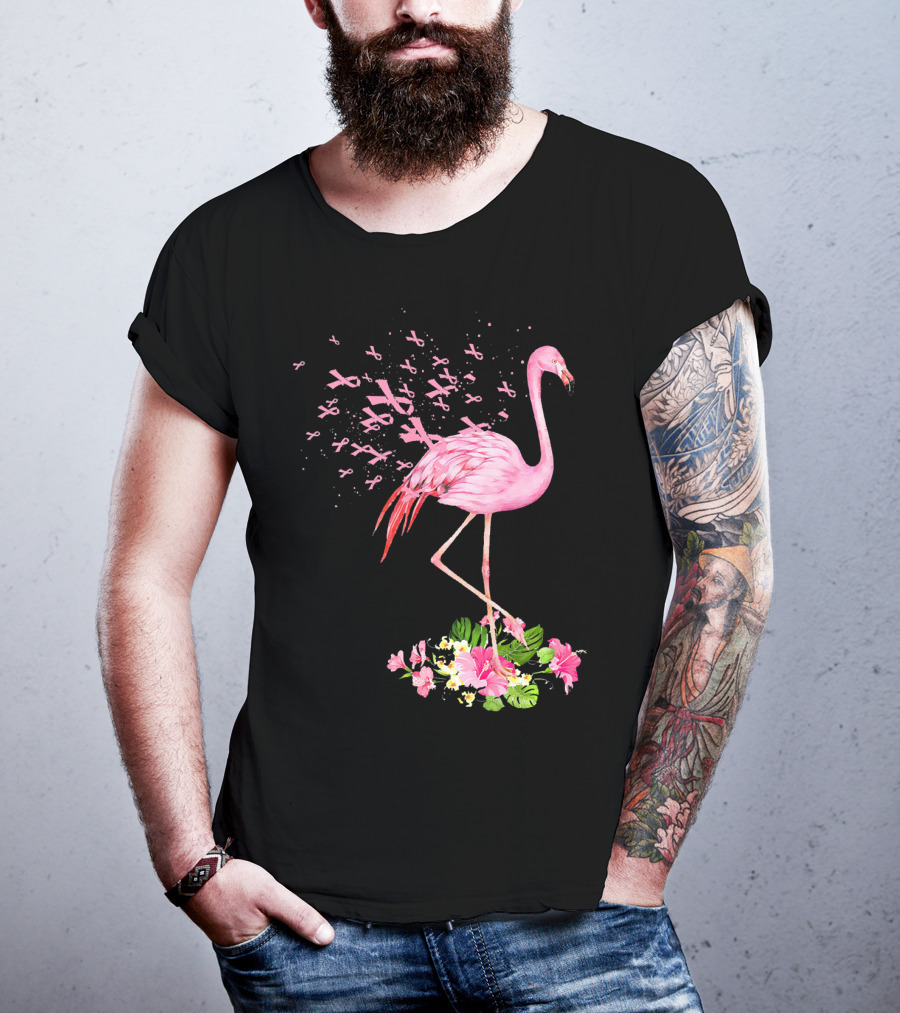 Flamingo With Pink Breast Cancer Ribbons And Floral Accents T-Shirt