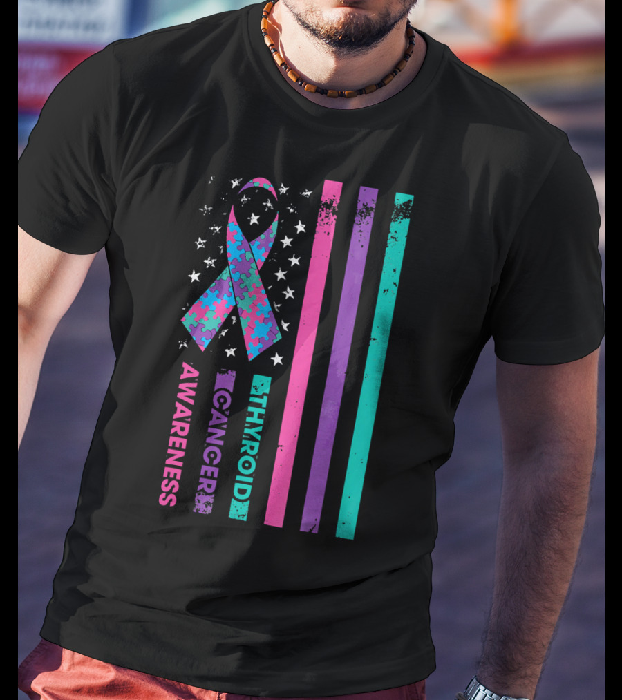 Thyroid Cancer Awareness Puzzle Ribbon Flag Stars Stripes T-Shirt