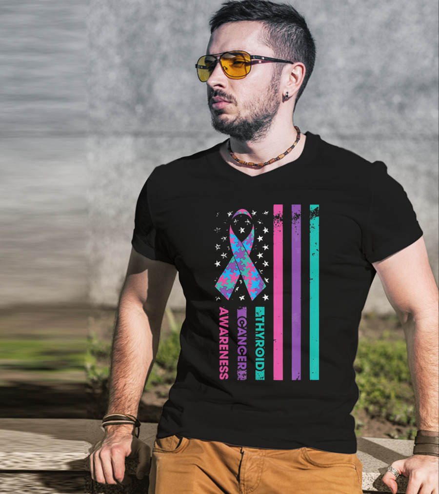 Thyroid Cancer Awareness Puzzle Ribbon Flag Stars Stripes T-Shirt