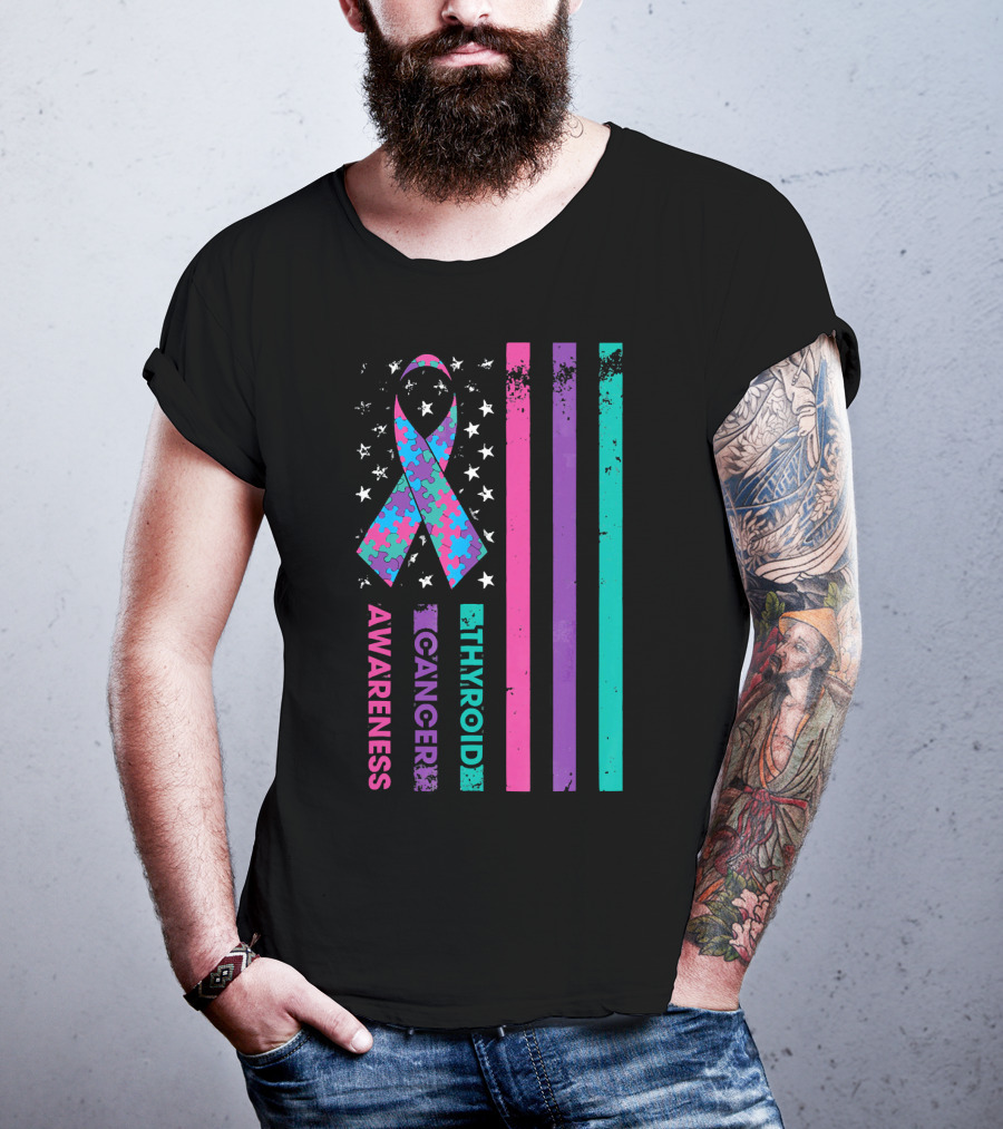 Thyroid Cancer Awareness Puzzle Ribbon Flag Stars Stripes T-Shirt