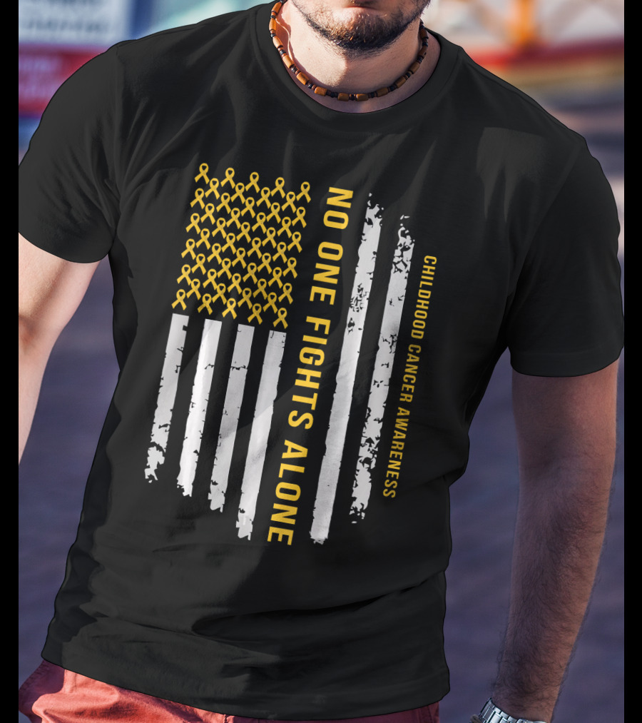 No One Fights Alone Childhood Cancer Awareness American Flag T-Shirt