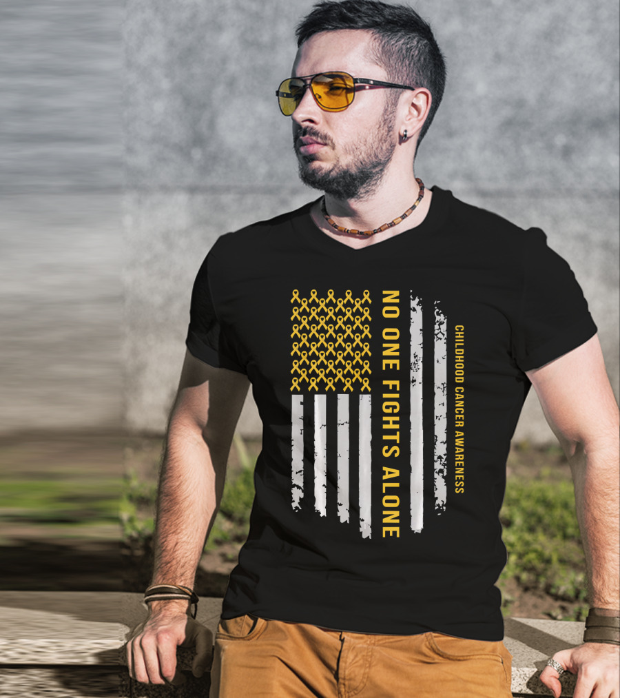 No One Fights Alone Childhood Cancer Awareness American Flag T-Shirt