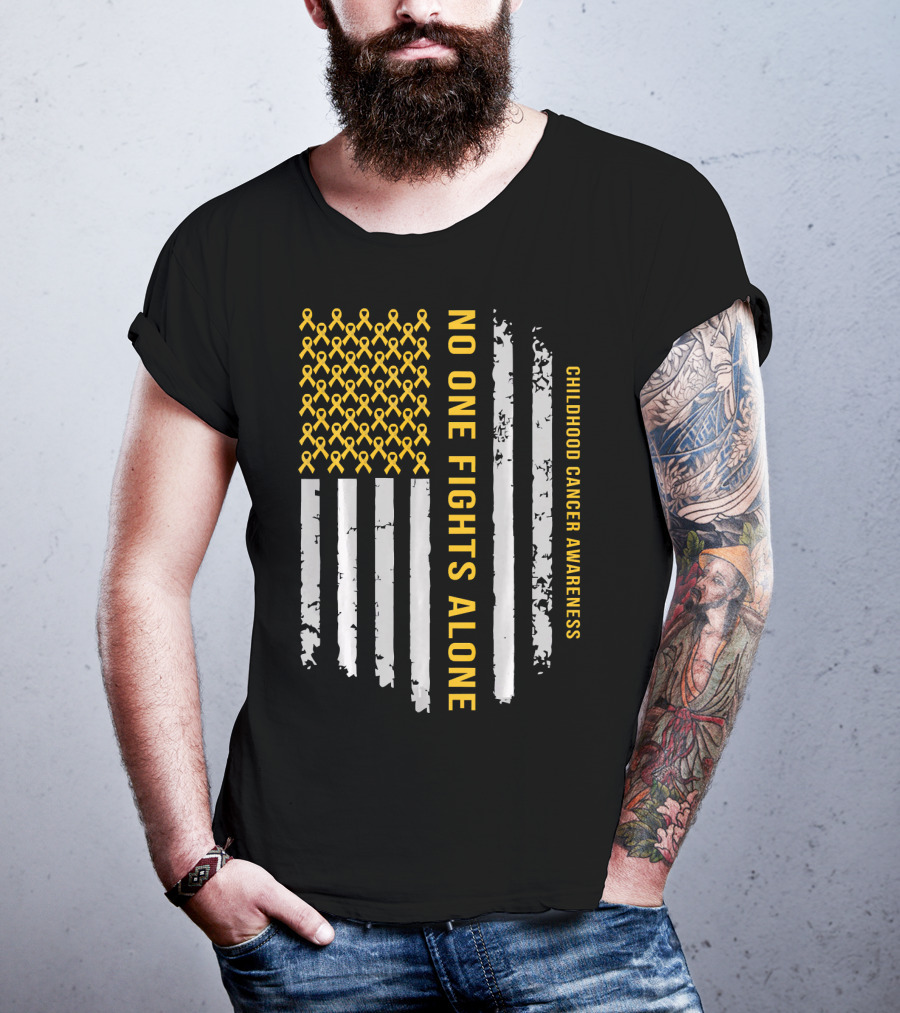 No One Fights Alone Childhood Cancer Awareness American Flag T-Shirt
