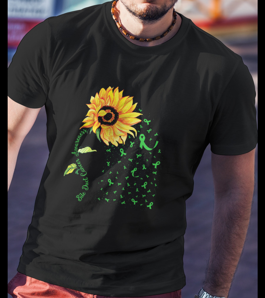 Sunflower Bile Duct Cancer Awareness Ribbon Green T-Shirt