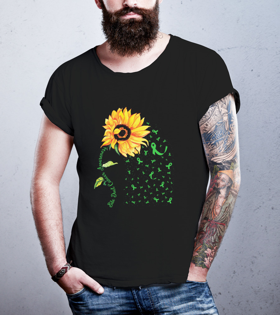 Sunflower Bile Duct Cancer Awareness Ribbon Green T-Shirt