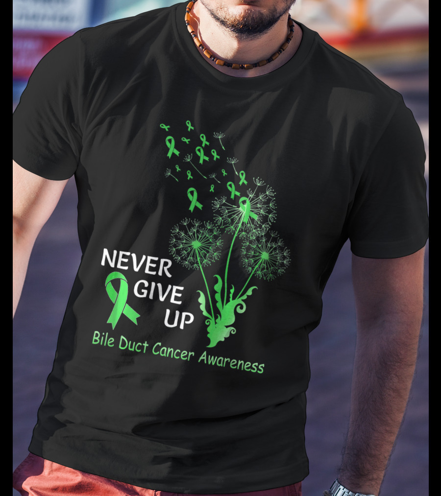 Never Give Up Bile Duct Cancer Awareness Dandelion Green Ribbons T-Shirt