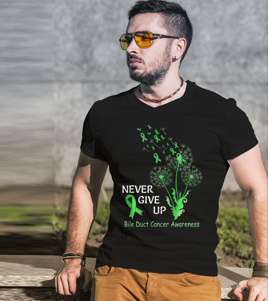 Never Give Up Bile Duct Cancer Awareness Dandelion Green Ribbons T-Shirt