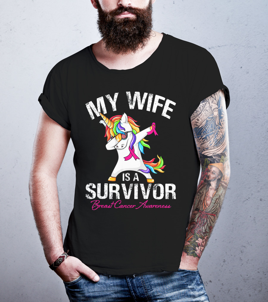 My Wife Is A Survivor Breast Cancer Awareness Unicorn Dabbing Rainbow T-Shirt