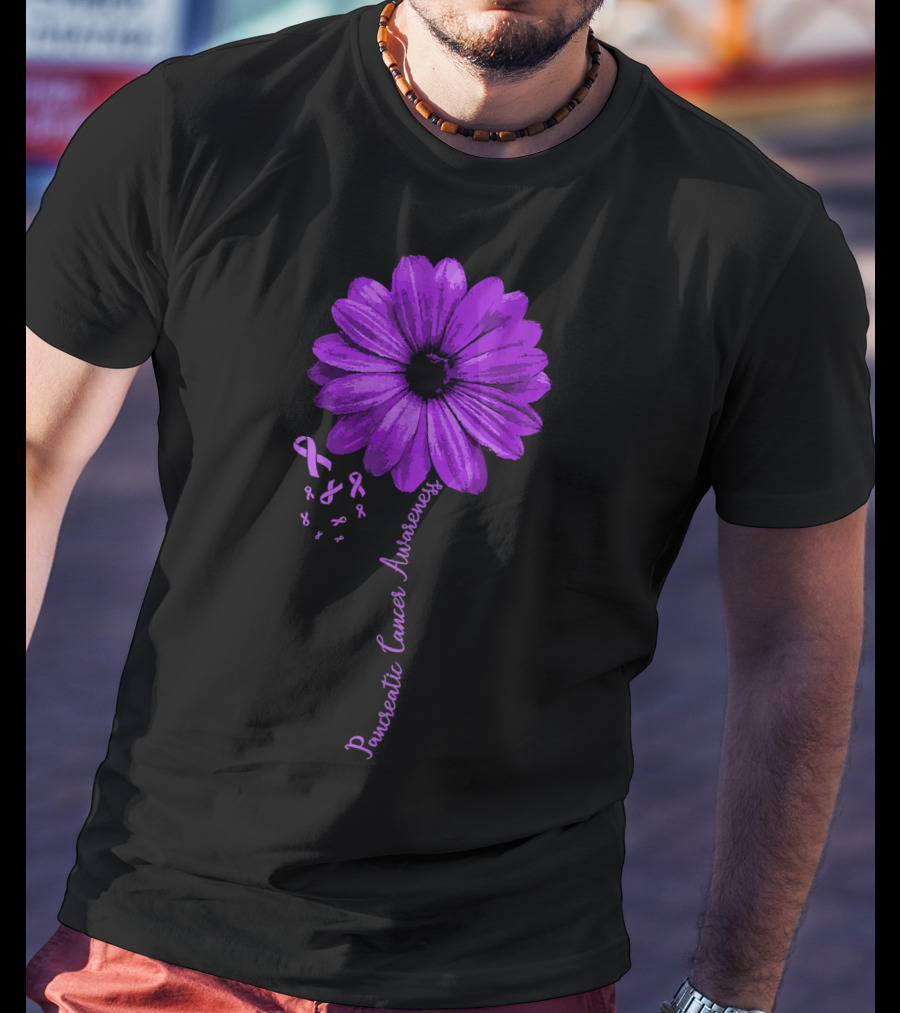 Pancreatic Cancer Awareness Purple Ribbon Purple Flower T-Shirt