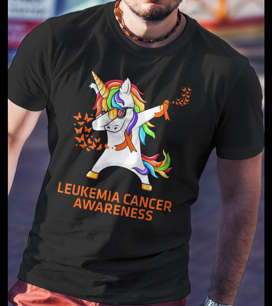 Leukemia Cancer Awareness Unicorn Dabbing With Rainbow Mane And Orange T-Shirt