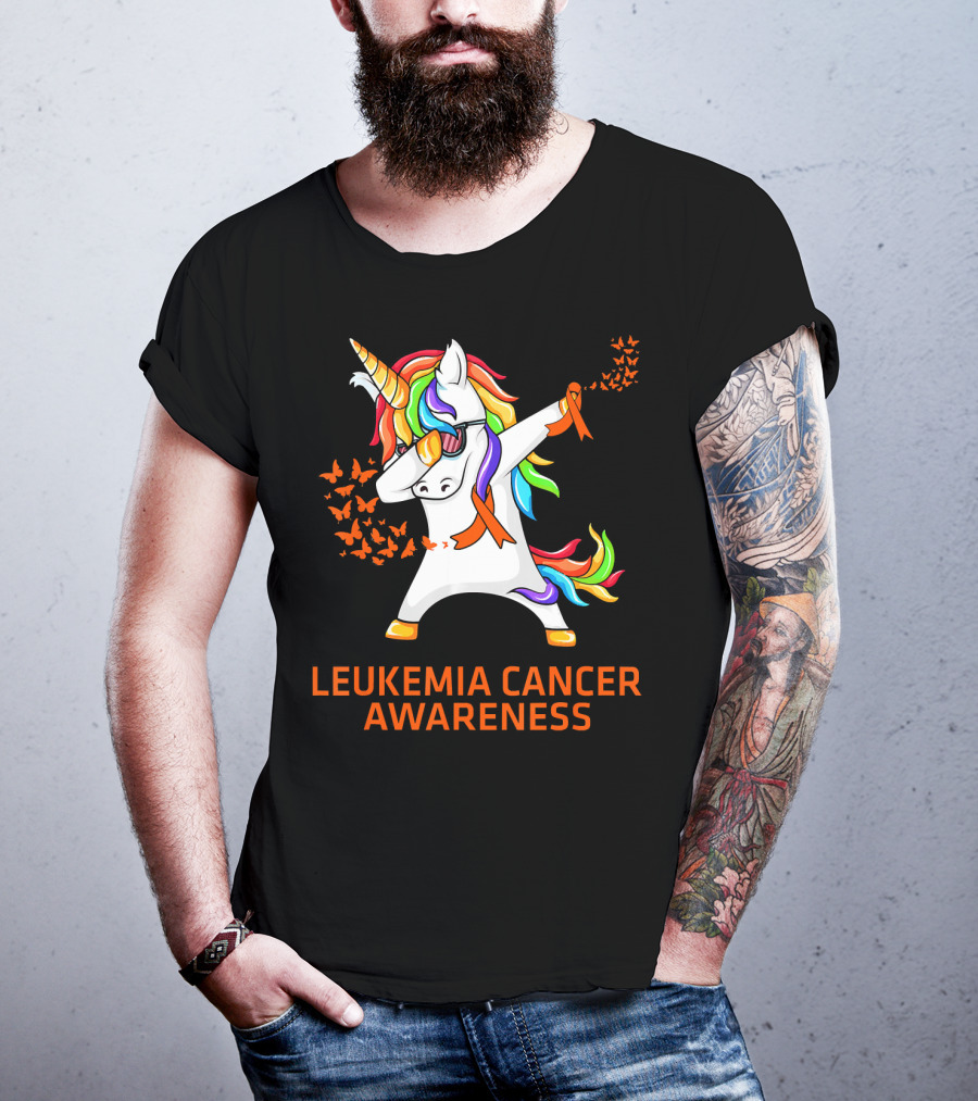 Leukemia Cancer Awareness Unicorn Dabbing With Rainbow Mane And Orange T-Shirt